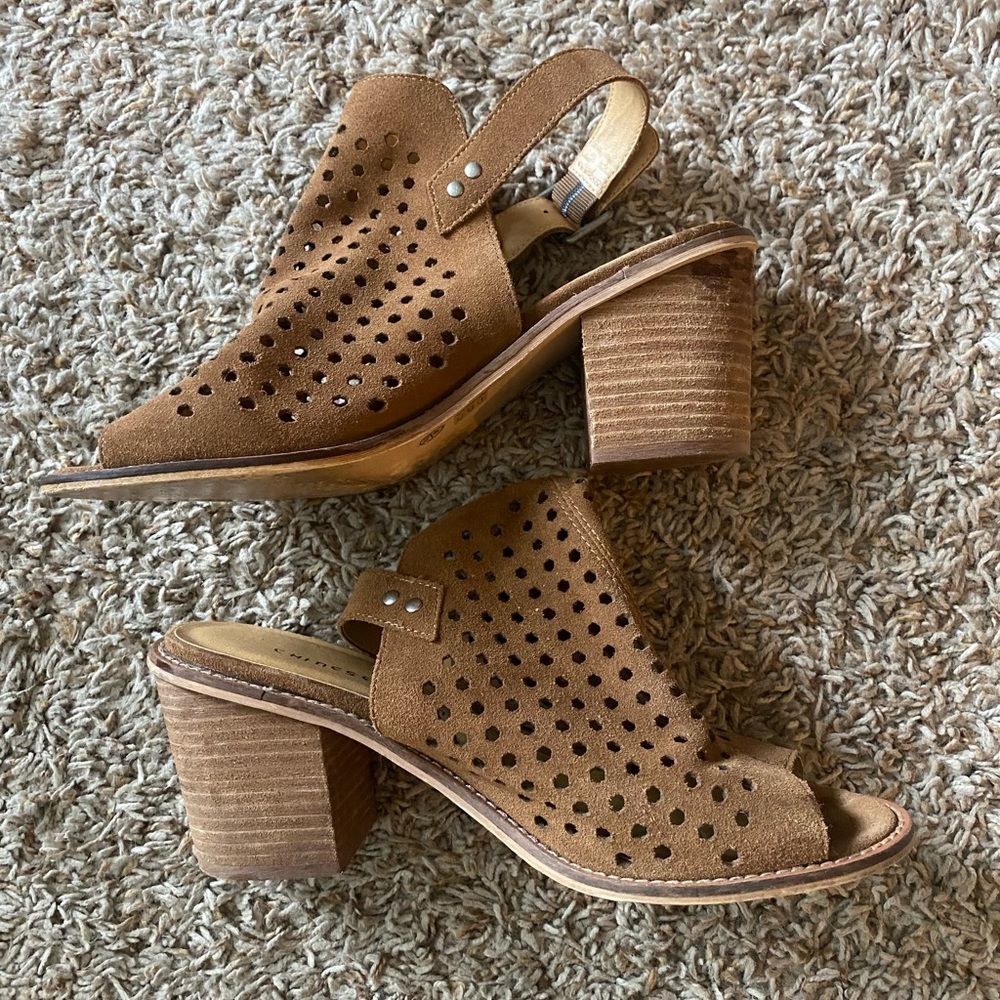 Brown suede strap heels